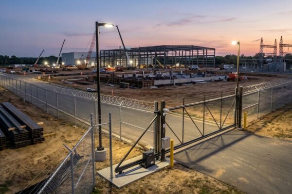 Commercial security fencing installation showing chain link perimeter with security features for Central Arkansas facilities