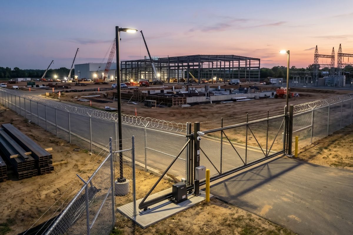 Commercial security fencing installation showing chain link perimeter with security features for Central Arkansas facilities